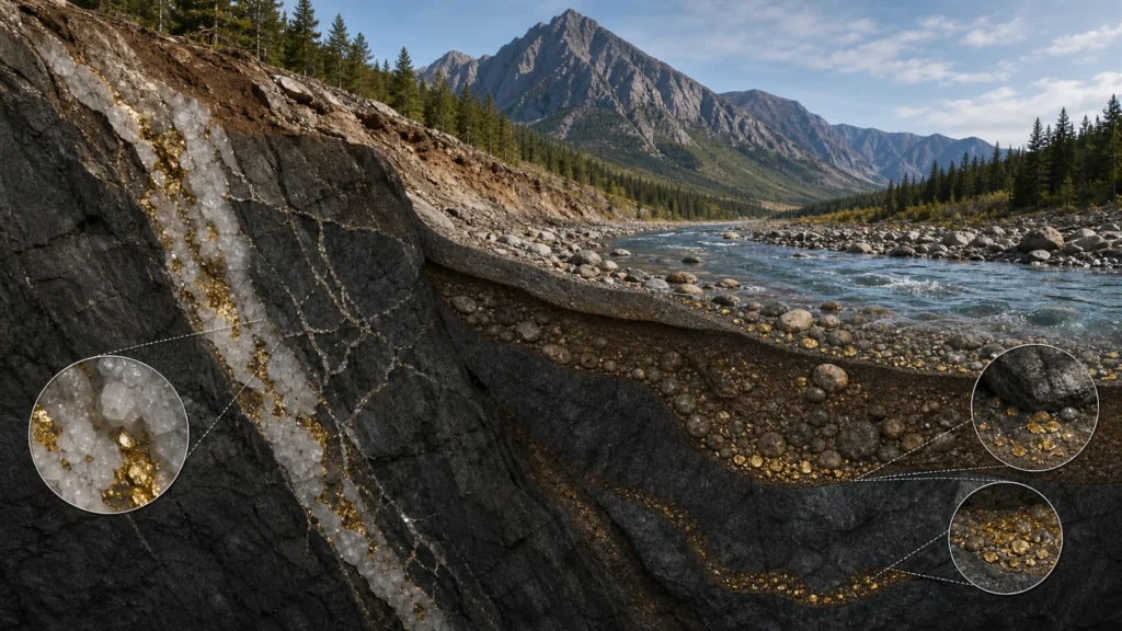 Geological cutaway showing a gold-bearing quartz vein feeding an eroded stream placer deposit