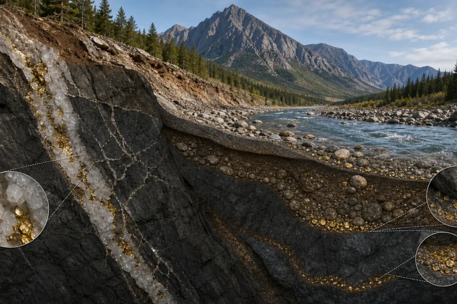 Geological cutaway showing a gold-bearing quartz vein feeding an eroded stream placer deposit