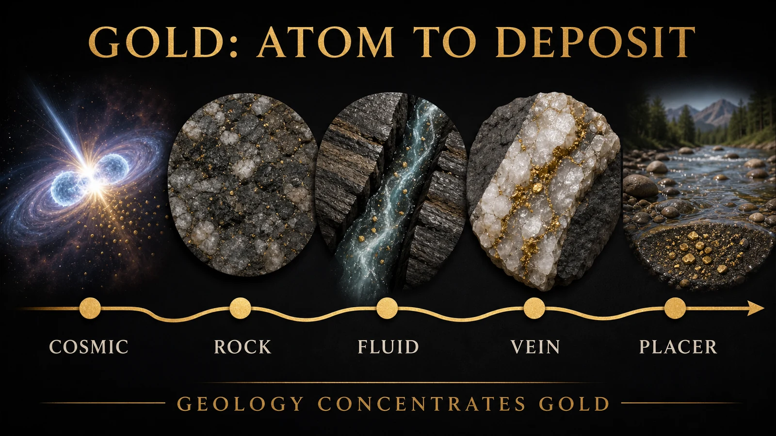 Infographic showing cosmic origin, crustal rock, hydrothermal vein, weathering, and placer concentration
