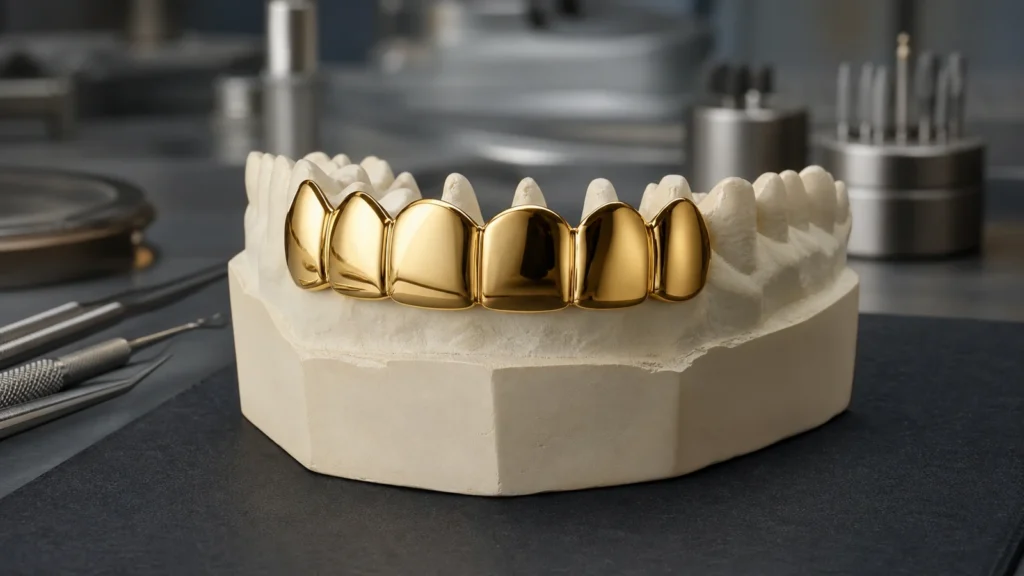 Removable custom gold grill resting on an accurate dental model in a clean professional laboratory