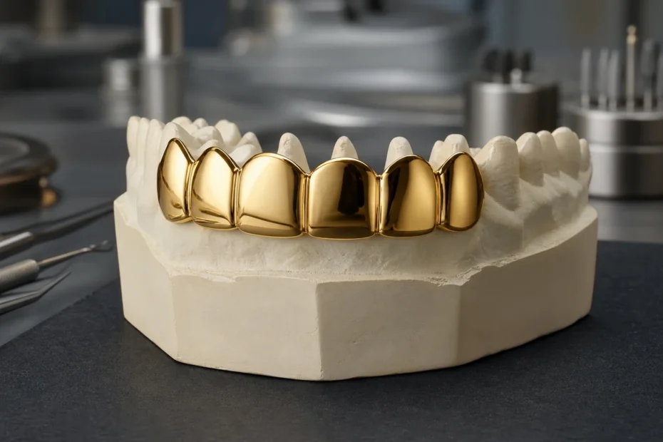 Removable custom gold grill resting on an accurate dental model in a clean professional laboratory