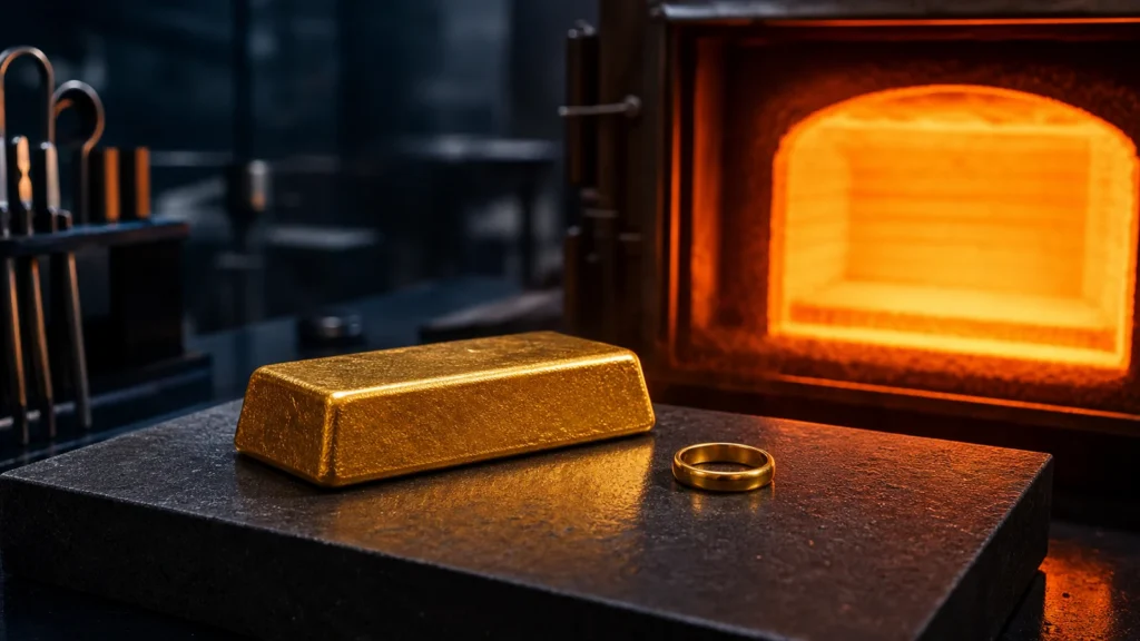 Solid gold bar near a controlled furnace flame with the metal intact and glowing heat around it