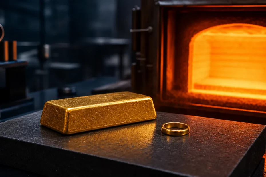 Solid gold bar near a controlled furnace flame with the metal intact and glowing heat around it
