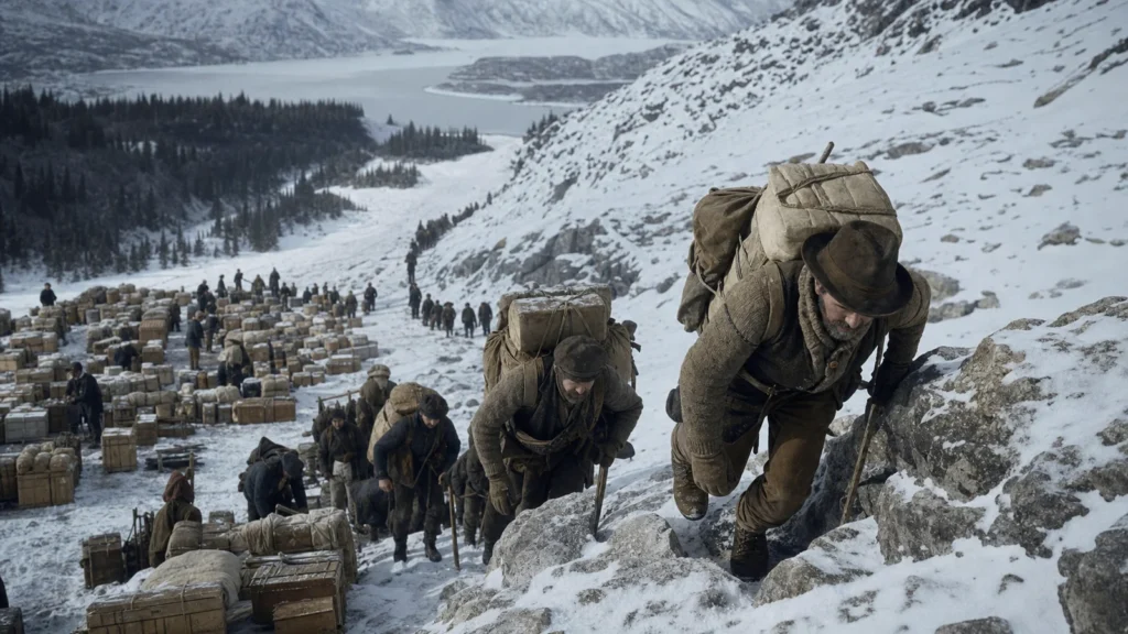 Historically grounded Klondike stampeders carrying supplies up the snowy Chilkoot Trail in 1898