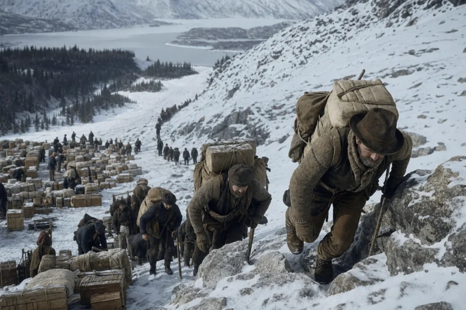 Historically grounded Klondike stampeders carrying supplies up the snowy Chilkoot Trail in 1898