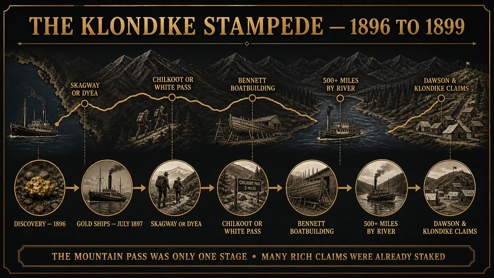 Infographic showing the 1896 discovery, 1897 stampede, coastal ports, Chilkoot and White Pass, Bennett, Yukon River, Dawson, and claim reality