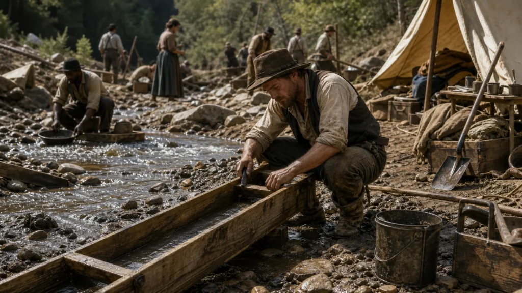 Historically grounded California gold miner repairing a sluice beside a modest 1850s camp with cooking gear and tools