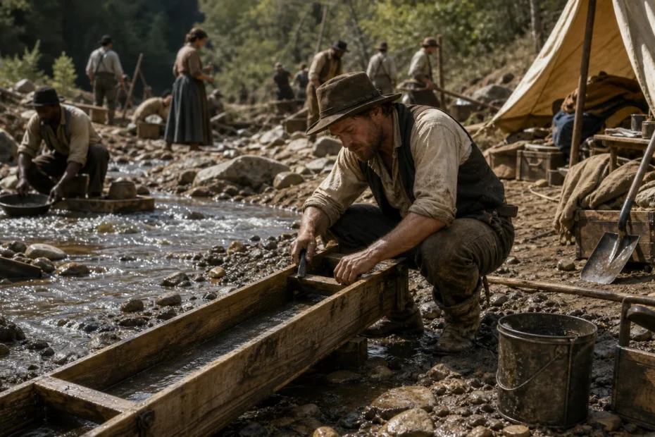 Historically grounded California gold miner repairing a sluice beside a modest 1850s camp with cooking gear and tools