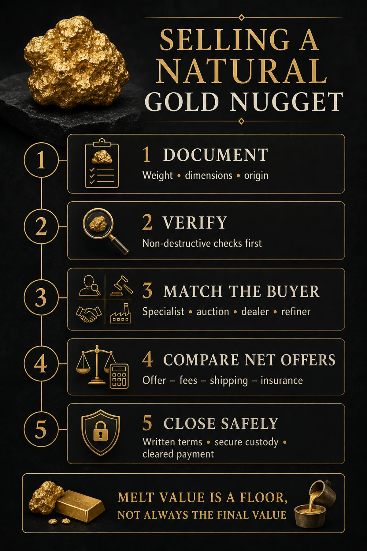 Infographic showing how to document, value, compare buyers and sell a natural gold nugget safely