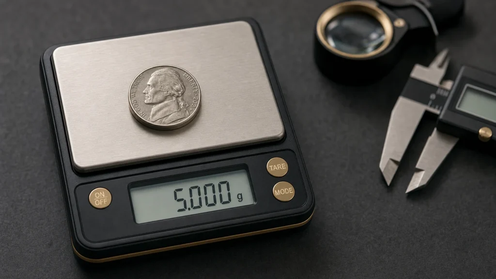 United States Jefferson nickel on a calibrated digital scale reading 5.000 grams