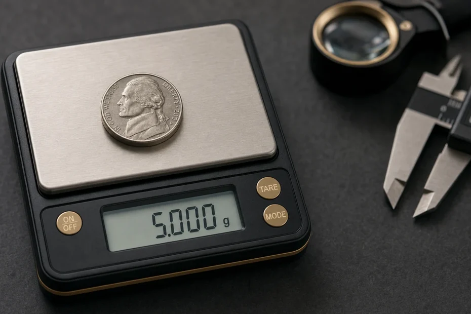 United States Jefferson nickel on a calibrated digital scale reading 5.000 grams