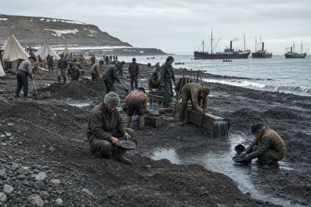 Historically styled prospectors working dark beach sand on Nome Beach with tents and steamships offshore
