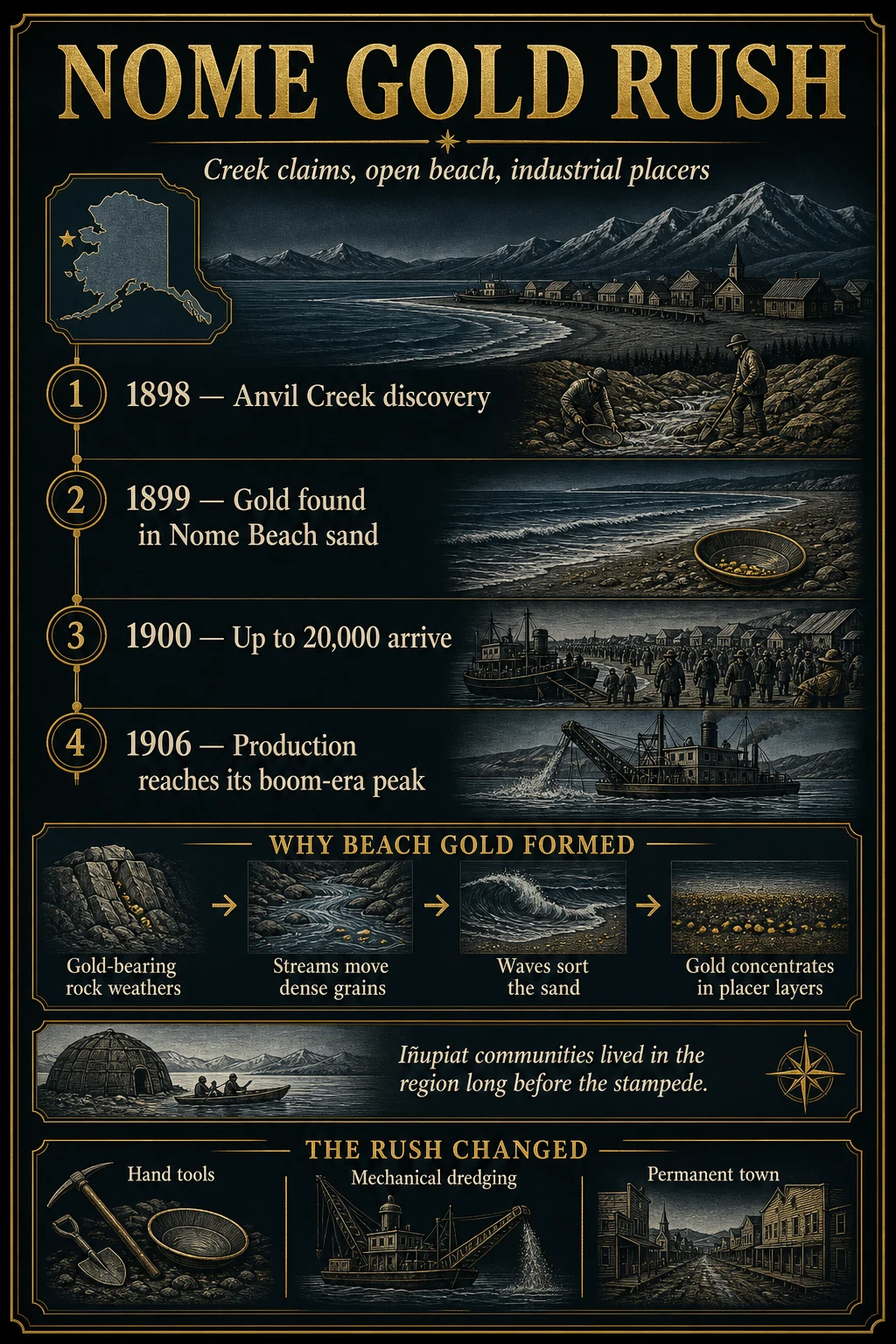 Infographic showing the Nome Gold Rush timeline and how waves concentrate gold in beach placer layers