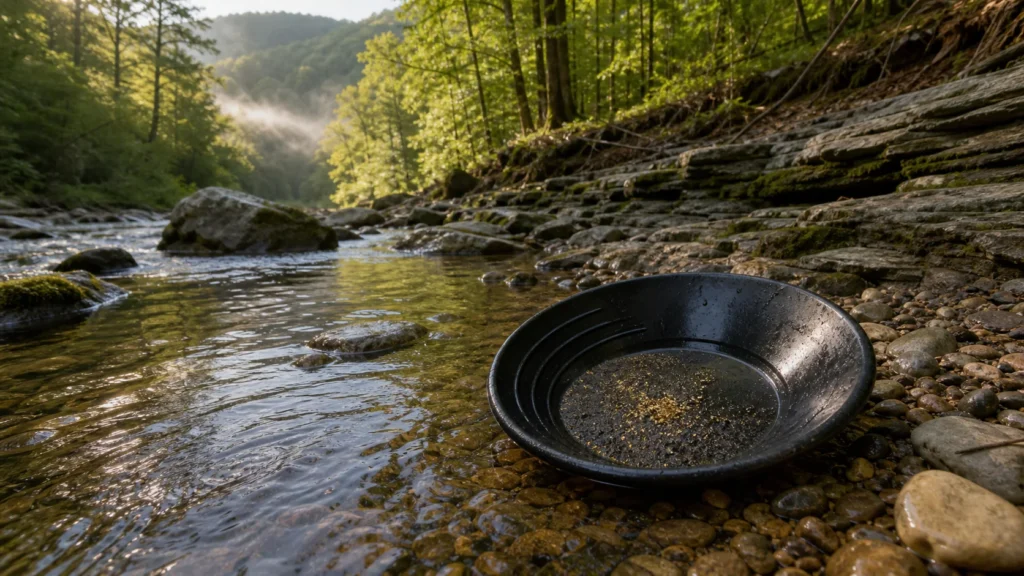 Low-impact gold panning in a Pennsylvania Appalachian stream with fine flakes and black sand