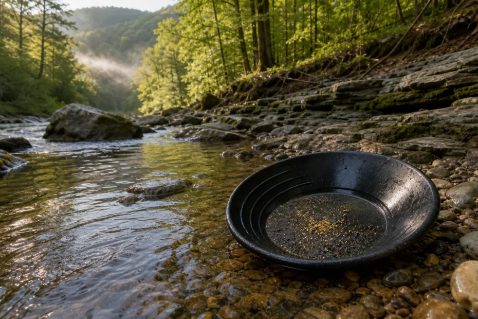 Low-impact gold panning in a Pennsylvania Appalachian stream with fine flakes and black sand