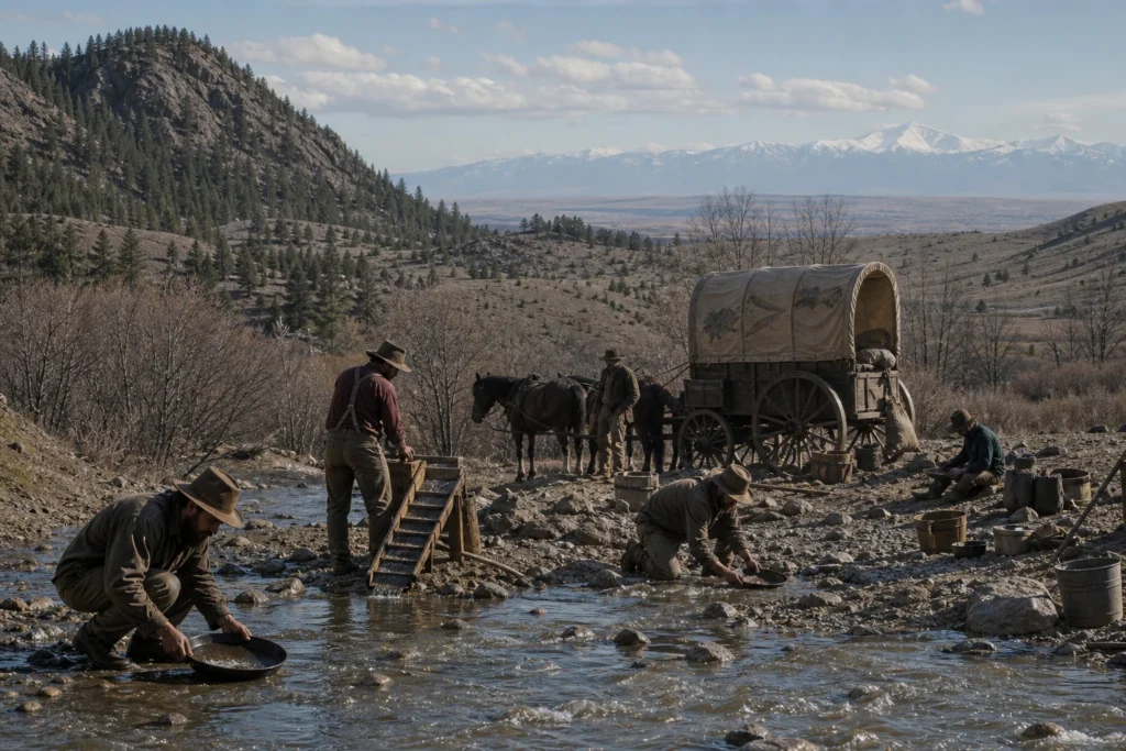 1859 prospectors working a Front Range creek beside a covered wagon with Pikes Peak distant on the horizon