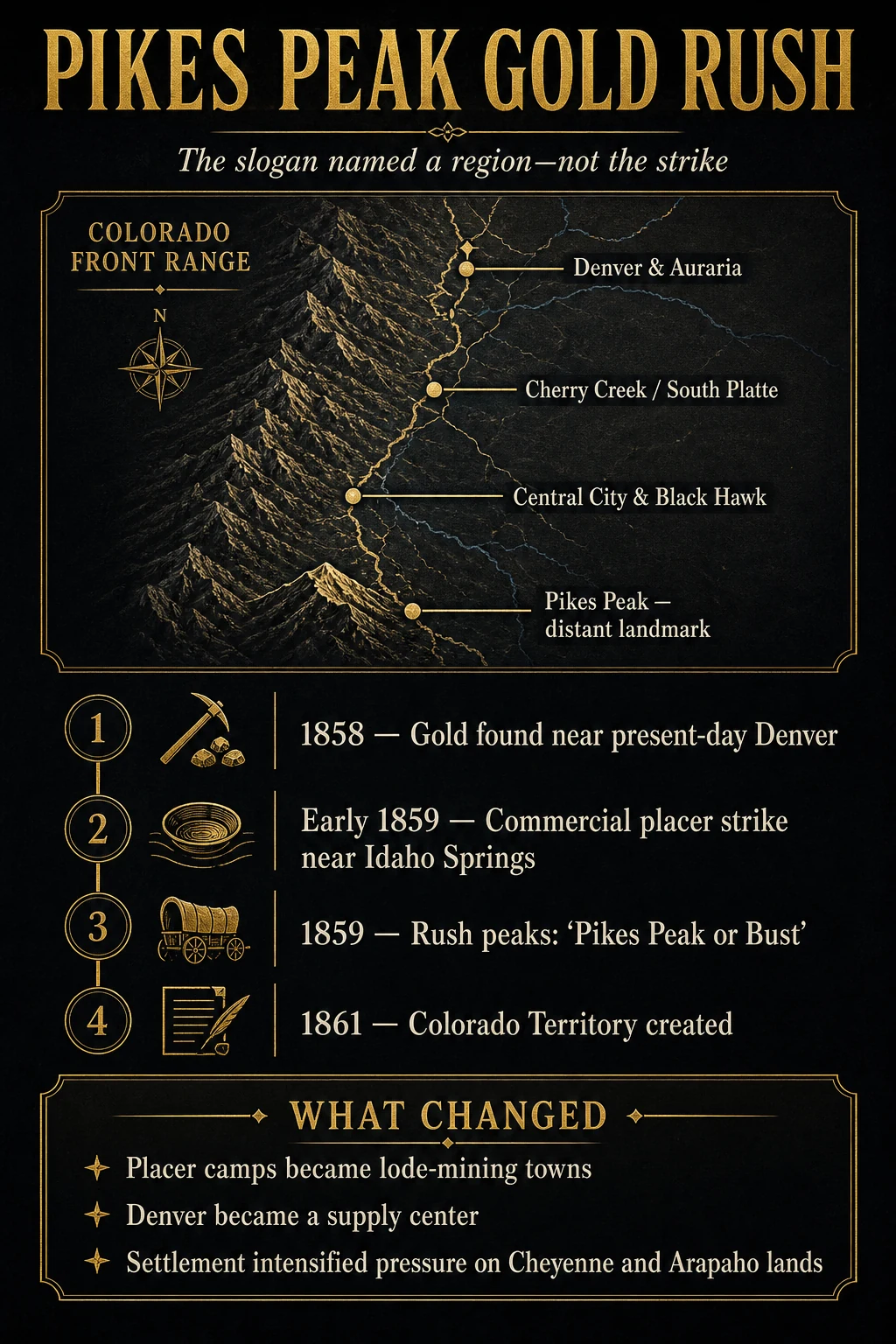 Infographic mapping Denver, Cherry Creek, Central City and distant Pikes Peak with an 1858 to 1861 timeline