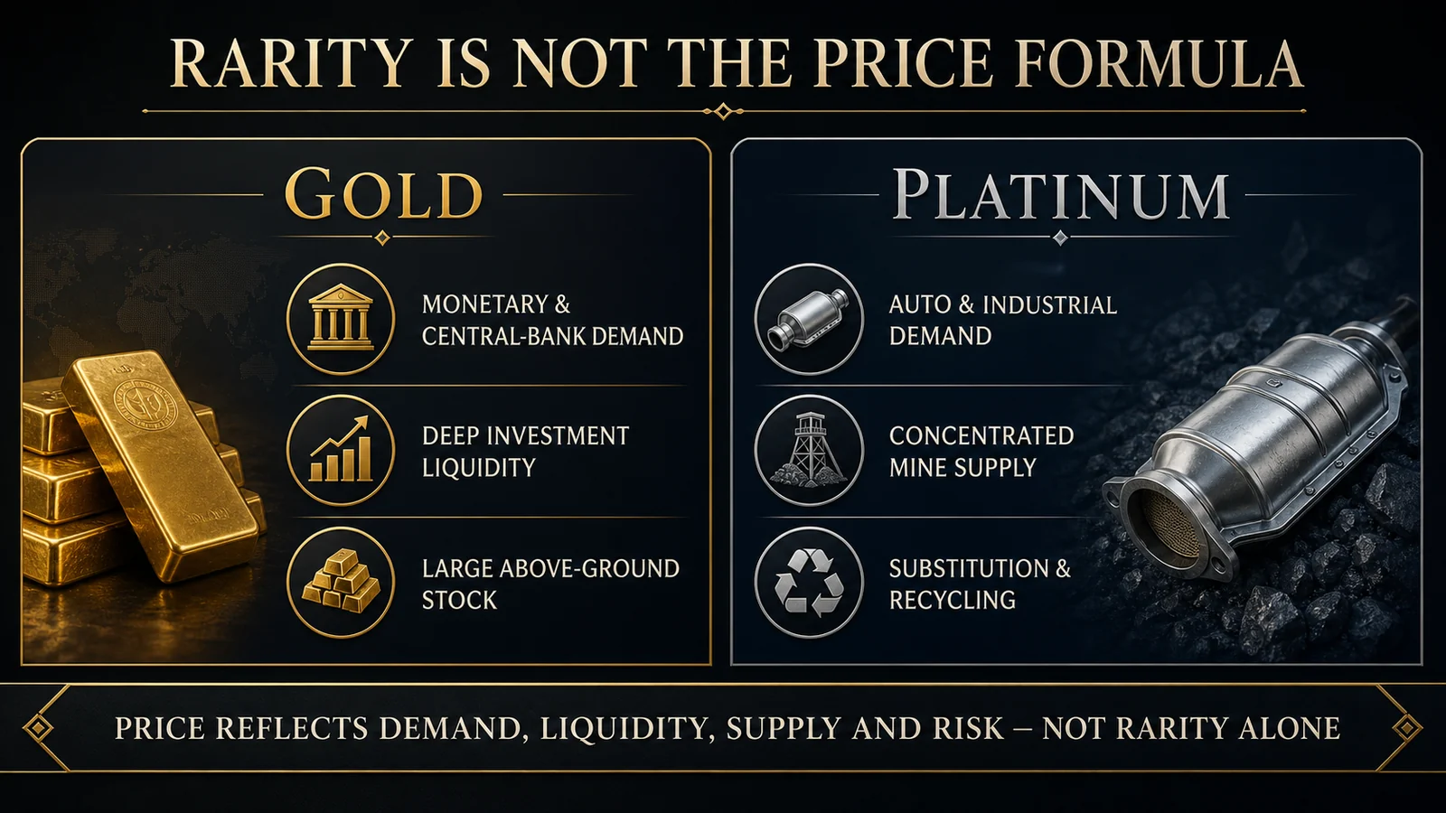 Infographic comparing gold monetary demand and liquidity with platinum industrial demand, supply concentration, recycling, and substitution