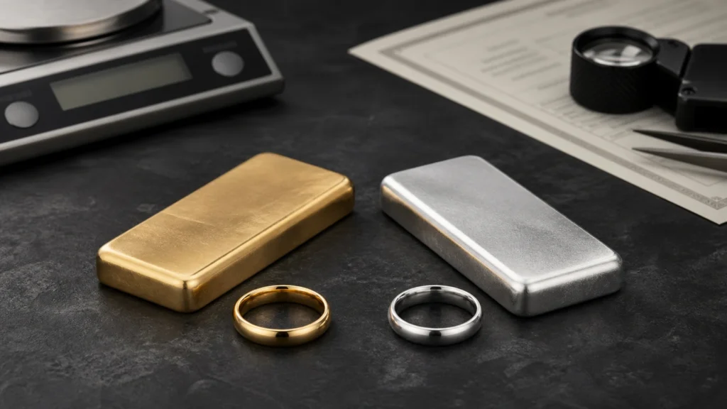 Gold and platinum bars with matching rings on a professional valuation desk