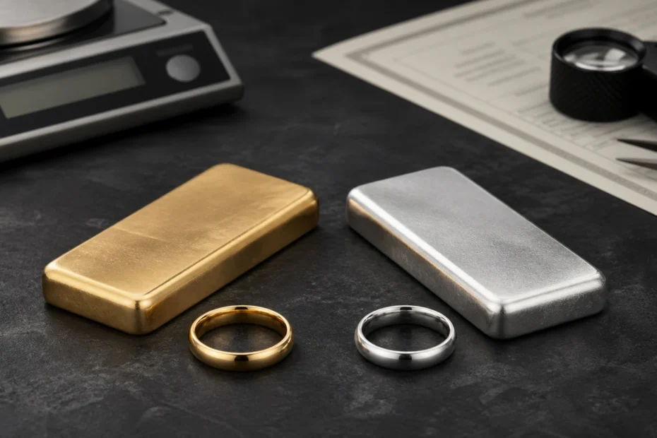 Gold and platinum bars with matching rings on a professional valuation desk