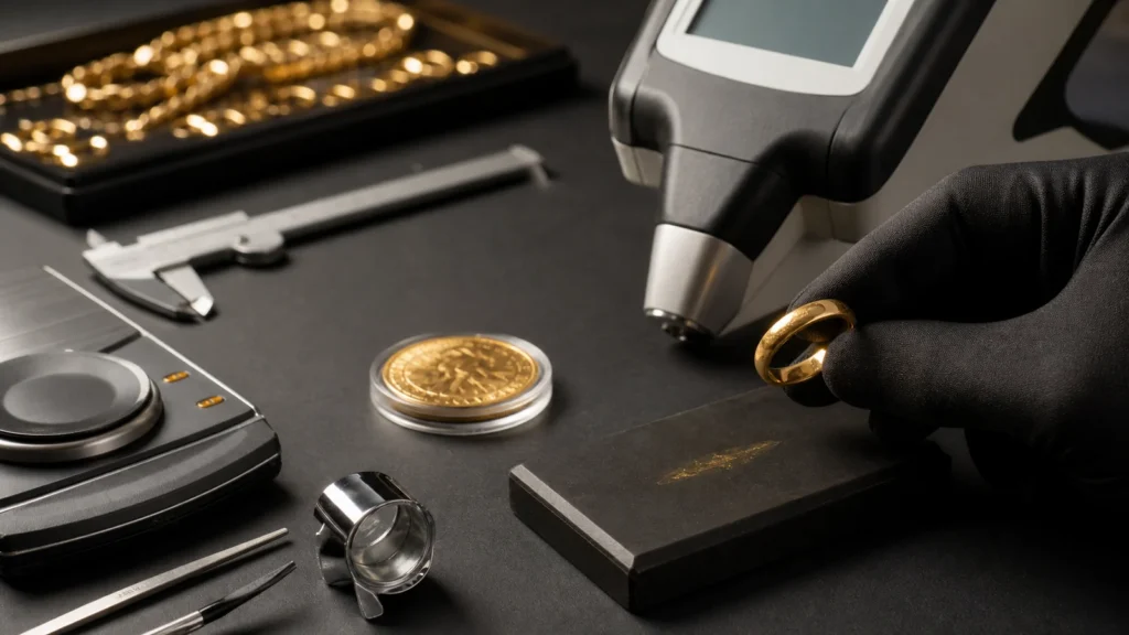 Jeweler testing gold with a scale, calipers, touchstone and XRF analyzer