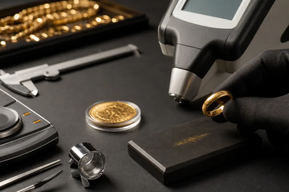 Jeweler testing gold with a scale, calipers, touchstone and XRF analyzer