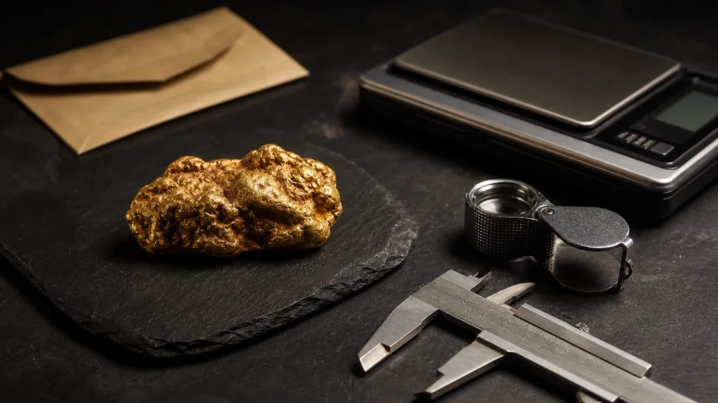 Natural gold nugget being documented with a precision scale, calipers and loupe