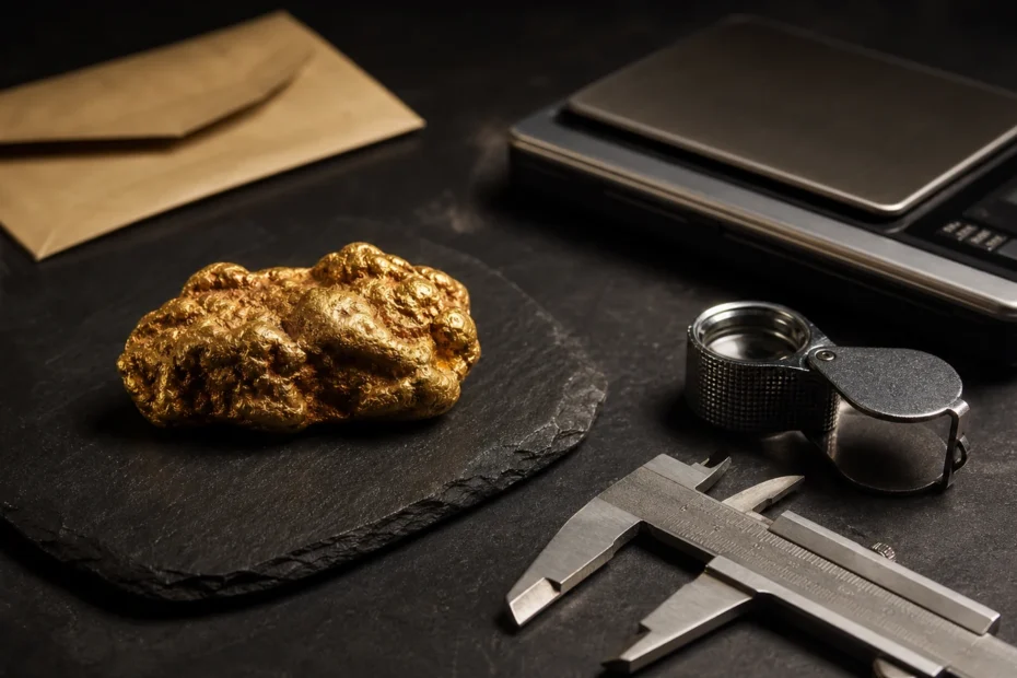 Natural gold nugget being documented with a precision scale, calipers and loupe