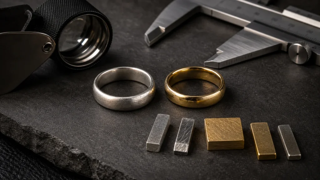 Sterling-silver and gold rings with jewelry alloy samples and inspection tools