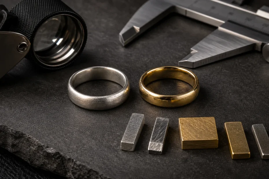 Sterling-silver and gold rings with jewelry alloy samples and inspection tools