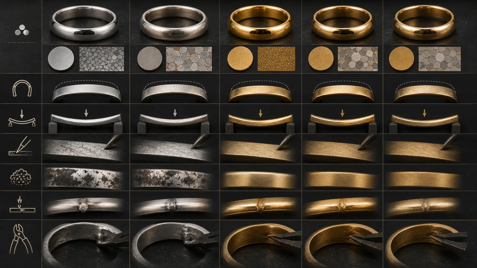 Decision guide comparing sterling silver and common gold alloys for jewelry wear