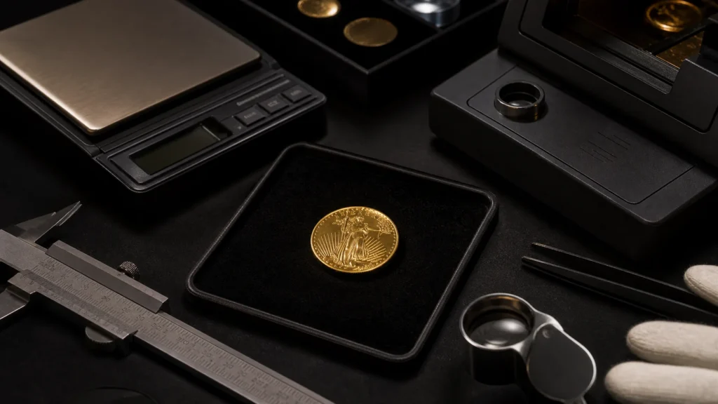 Gold coin on a professional nondestructive authentication bench with scale, caliper, loupe, and verifier