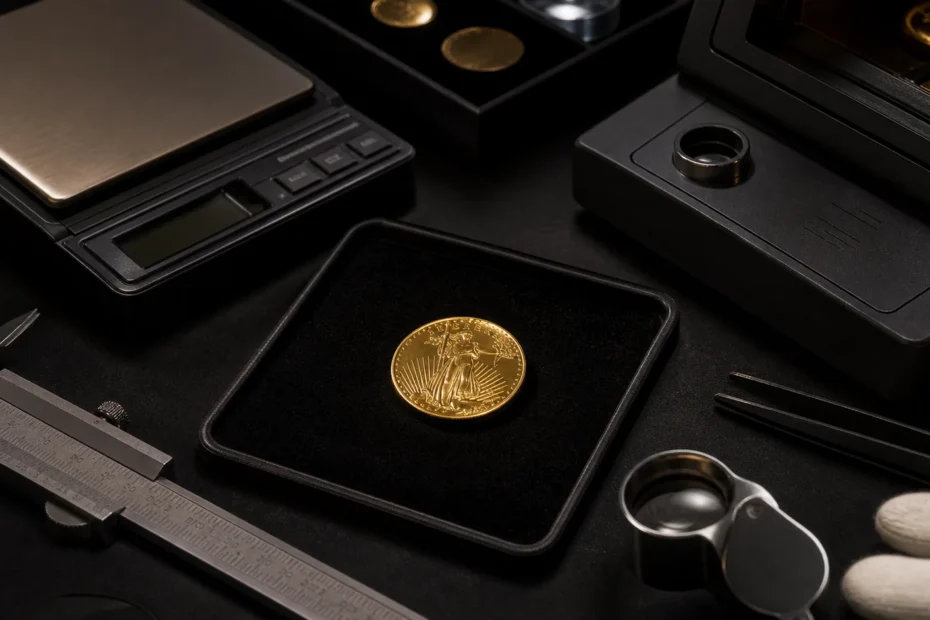 Gold coin on a professional nondestructive authentication bench with scale, caliper, loupe, and verifier