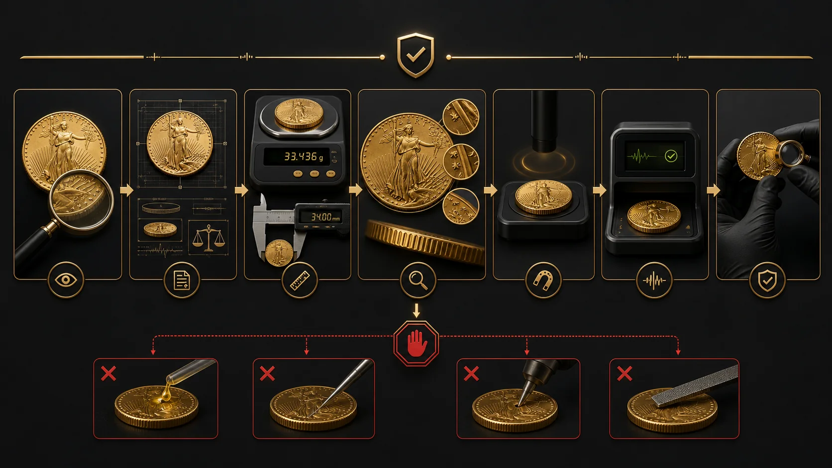 Safe sequence for testing a gold coin without damaging it