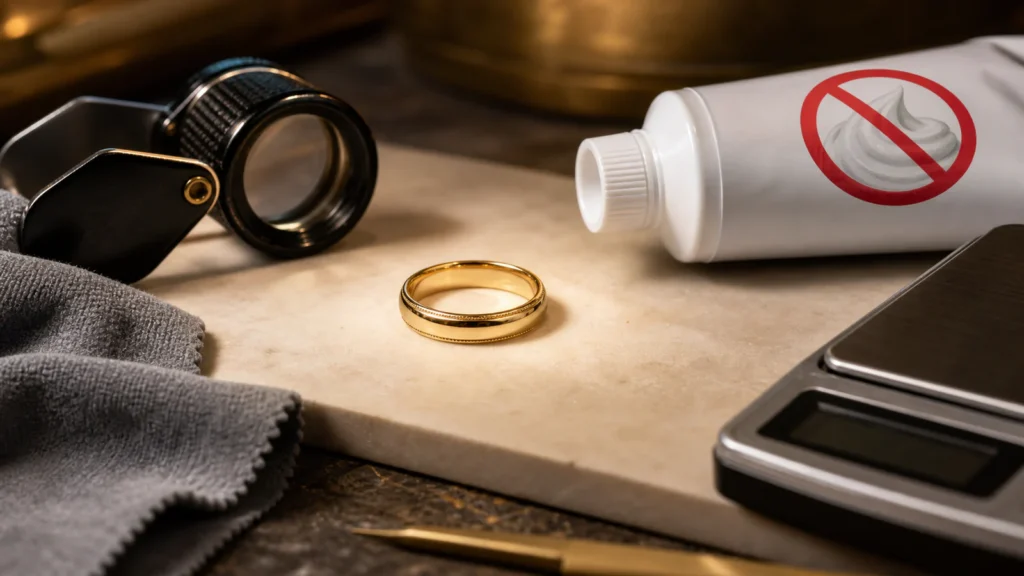 Gold ring beside toothpaste, soft cloth, scale and inspection loupe on a clean testing bench, showing toothpaste as the wrong test