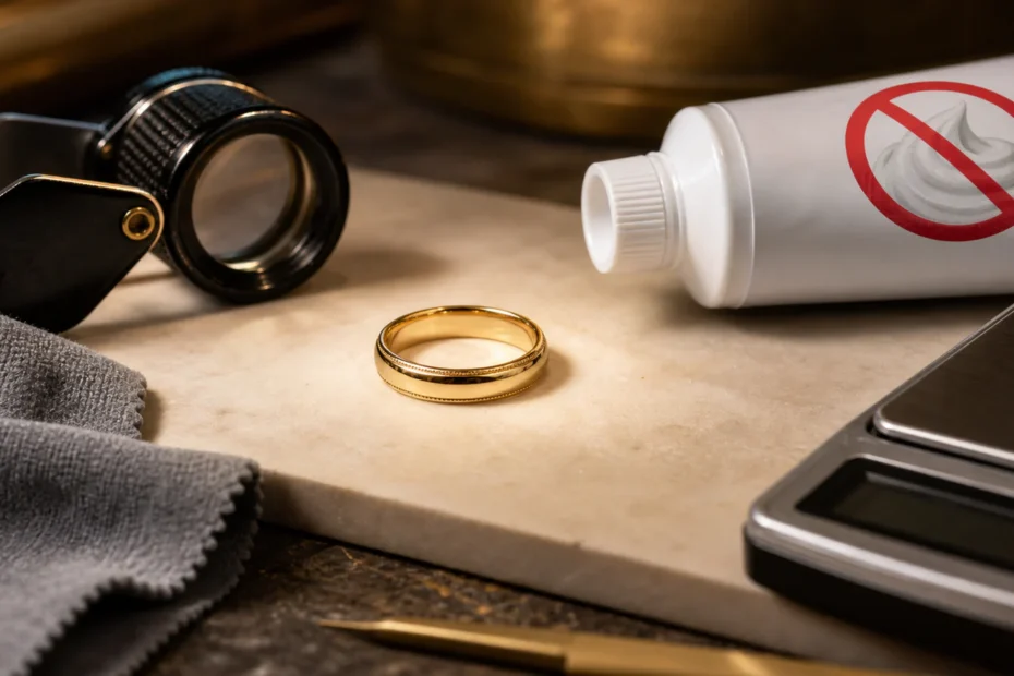 Gold ring beside toothpaste, soft cloth, scale and inspection loupe on a clean testing bench, showing toothpaste as the wrong test