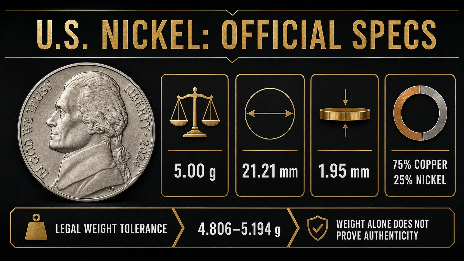 Infographic showing the official weight, diameter, thickness, composition, and legal tolerance of a U.S. nickel