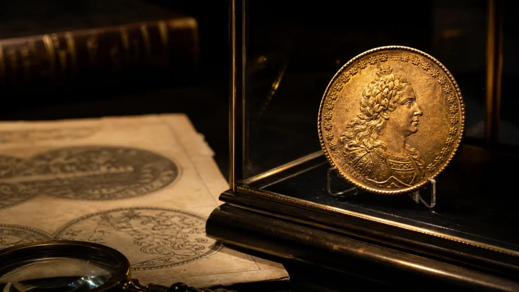 Rare historical gold coin displayed in a museum-style archival setting