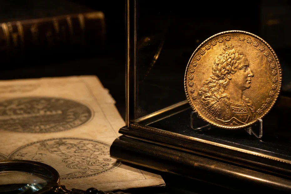 Rare historical gold coin displayed in a museum-style archival setting