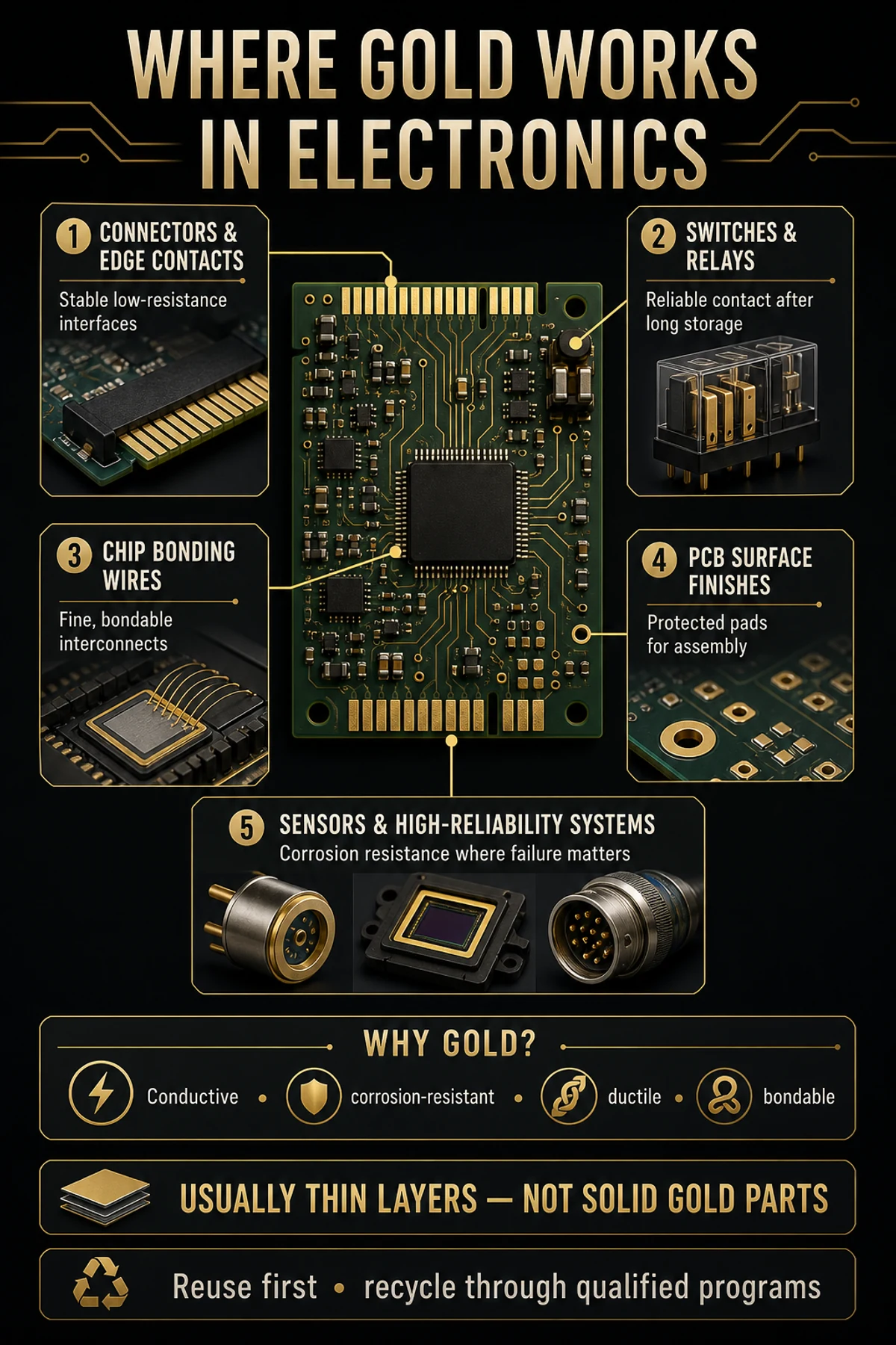 Infographic mapping gold to connectors, contacts, bonding wires, PCB finishes and sensors