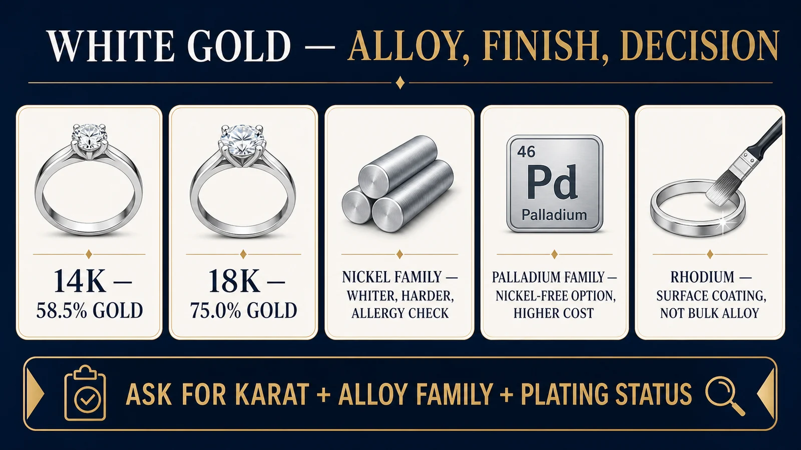 What Is White Gold Made Of? Alloys, Karats, and Rhodium infographic