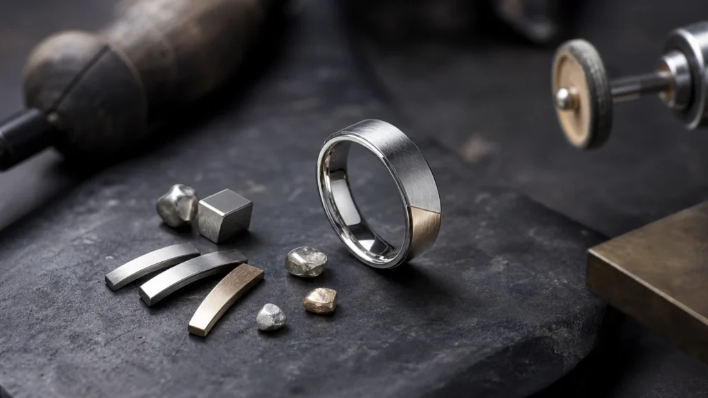White-gold ring and alloy samples on a jeweler's workbench