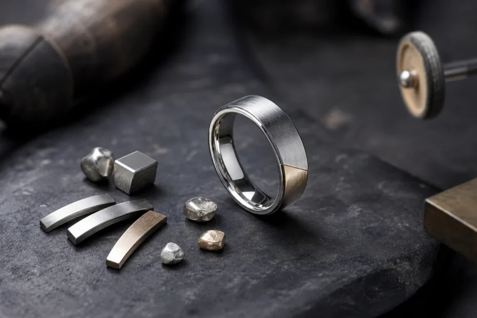 White-gold ring and alloy samples on a jeweler's workbench