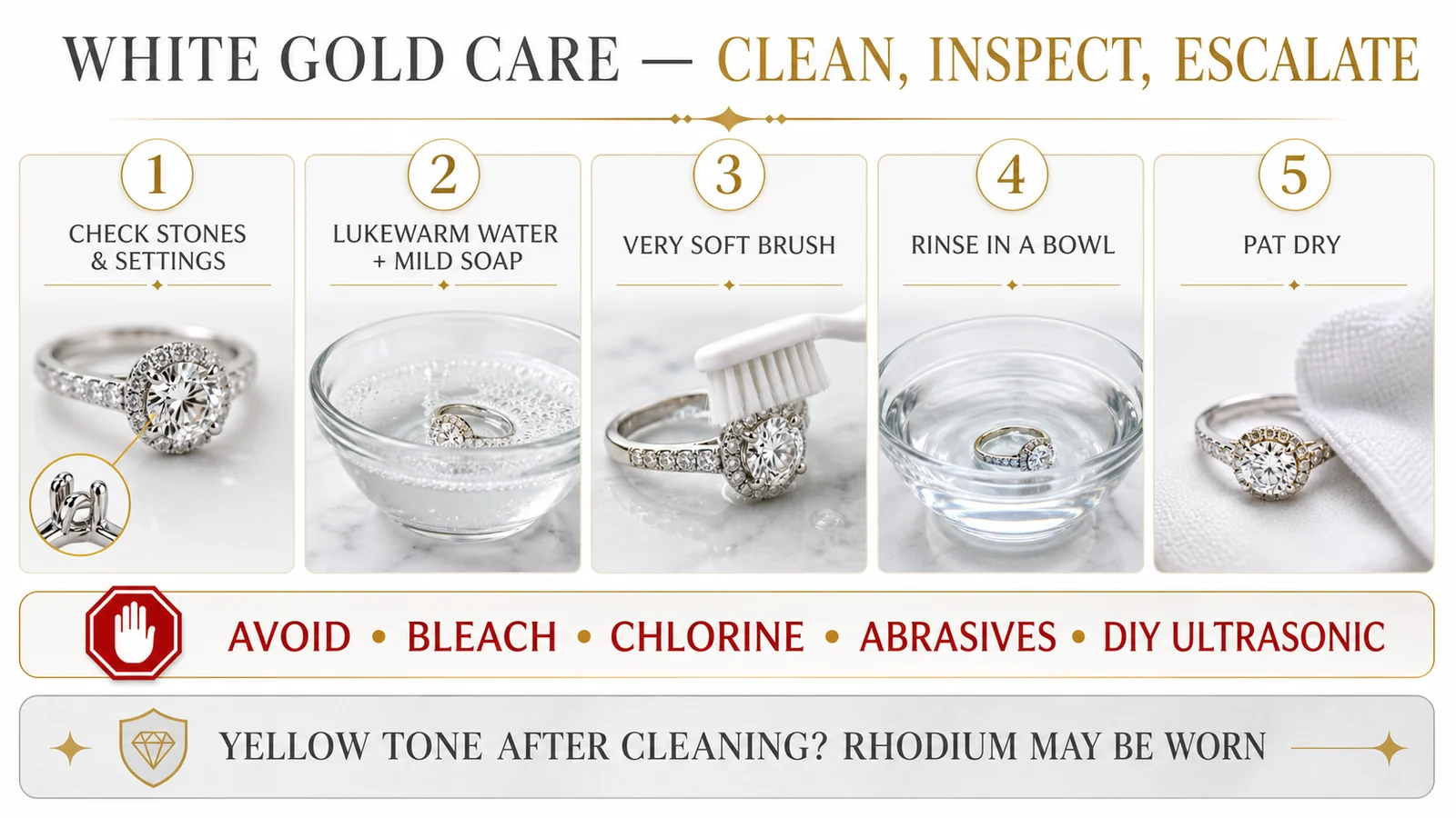 Infographic showing how to inspect, clean, rinse, dry, and identify rhodium wear or professional-care stop signs