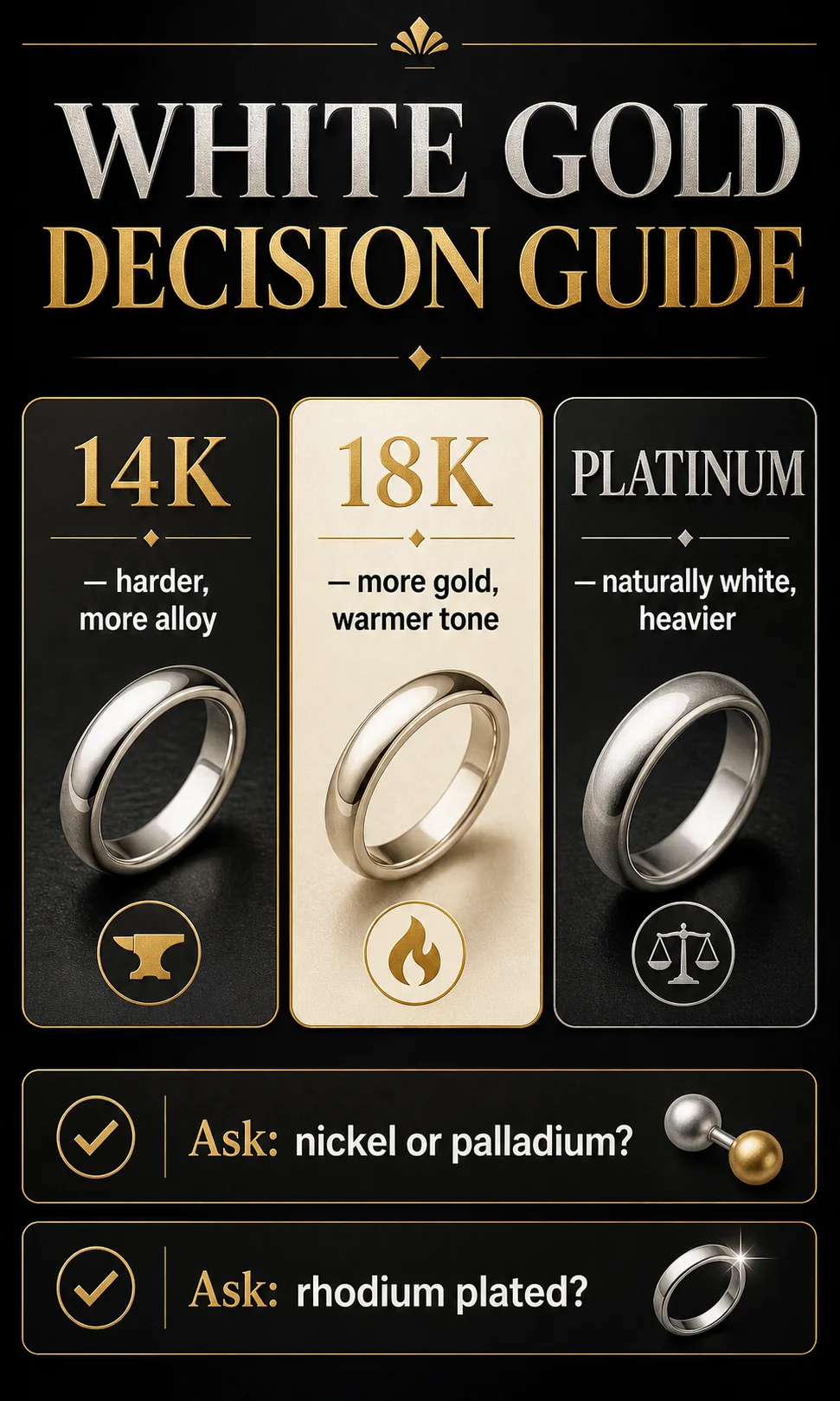 White-gold decision guide comparing 14K, 18K and platinum