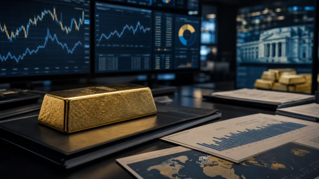 Gold bars beside bond yield, dollar, central-bank, and fund-flow market indicators on an analyst desk