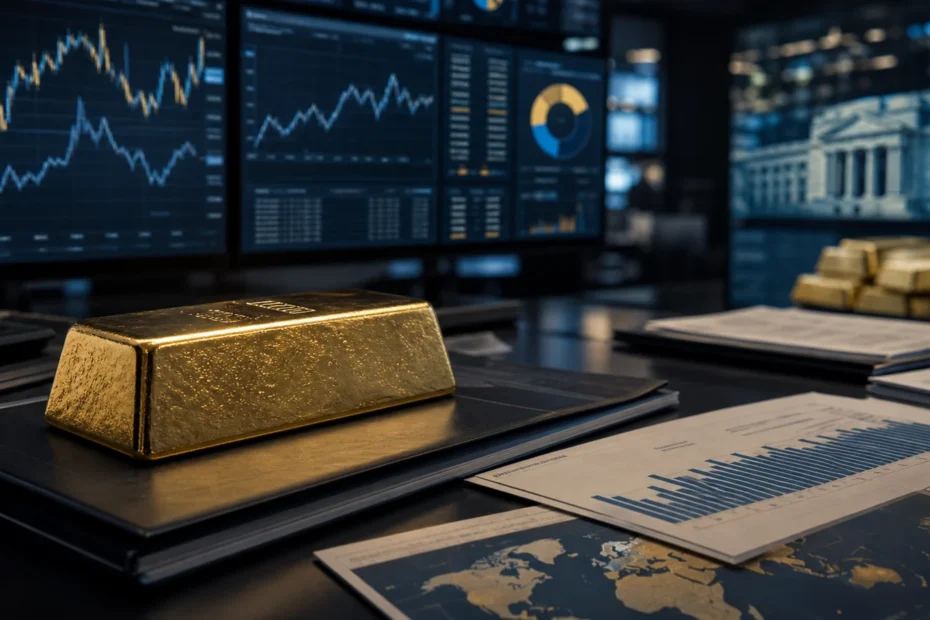 Gold bars beside bond yield, dollar, central-bank, and fund-flow market indicators on an analyst desk