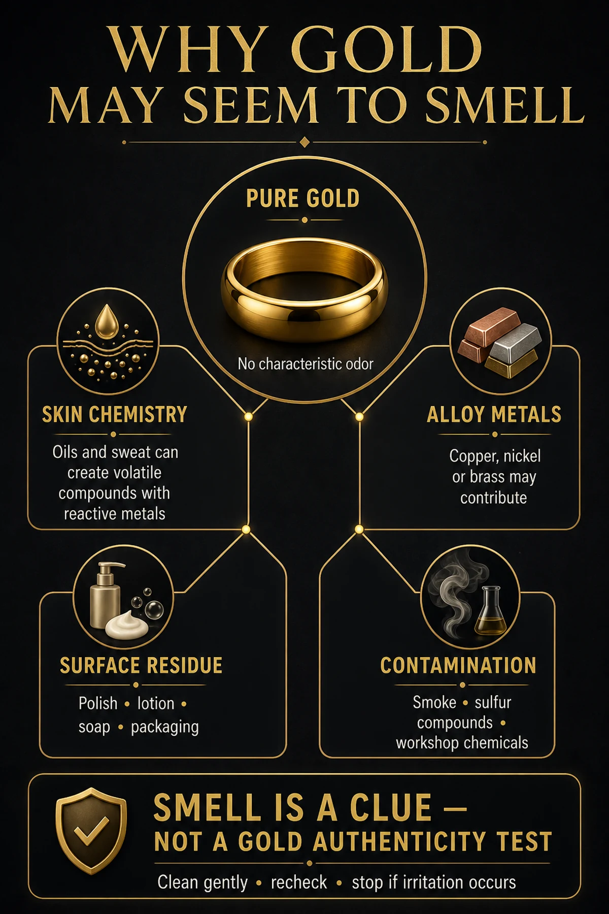 Infographic separating pure gold from skin, alloy, polish and contamination odor sources