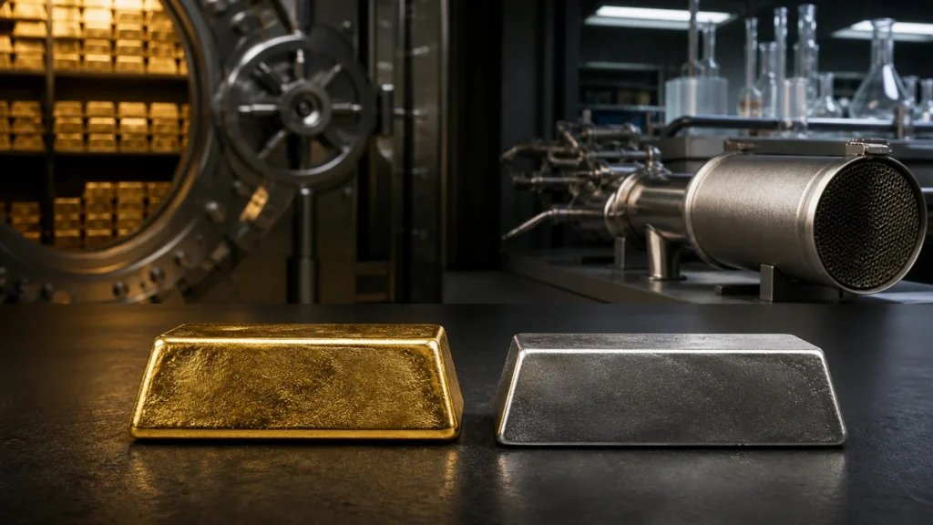 Gold and platinum bars on a professional commodities desk with industrial and investment market cues