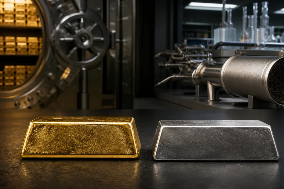 Gold and platinum bars on a professional commodities desk with industrial and investment market cues